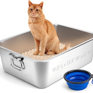 Stainless Steel Litter Box with Handle for Cat and Rabbit, 19.5" L x 13.5" W x 6" H, Odor Control Litter Pan, Fold-able Feeding Plate, Non Stick Smooth Surface