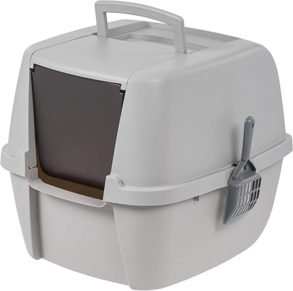 IRIS USA Jumbo Enclosed Cat Litter Box with Front Door Flap and Scoop, Covered Kitty Litter Box with Handle and Buckles for Portability and Privacy, Gray