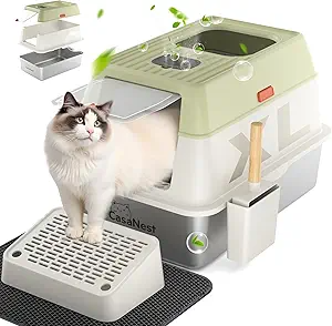 XL Extra Large Stainless Steel Cat Litter Box with Lid, 3-in-1 Enclosed/Open, Durable Metal Litter Box for Big, Multi Cats, Non-Stick, Odor Control, Easy Cleaning, Durable ABS Lid, Green